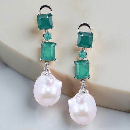 Mon Tresor Double Emerald Gemstones With Baroque Pearl Drop Earrings - Green