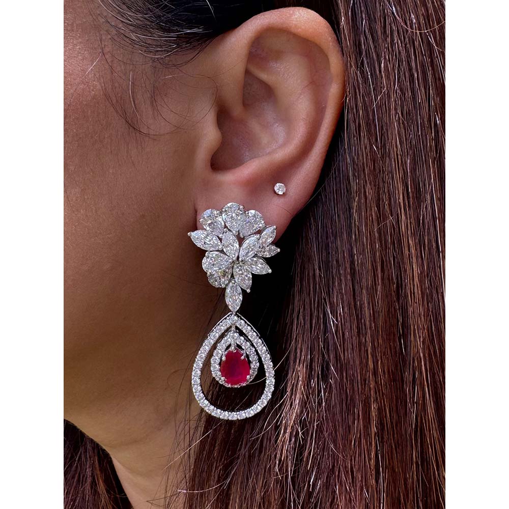 Mon Tresor Cluster Top With Ruby Drop Earrings And Double Halo - Red