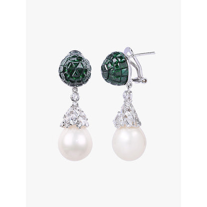 Mon Tresor Emerald Invisible Setting Top With Cultured Pearl Drop Earrings - Ivory