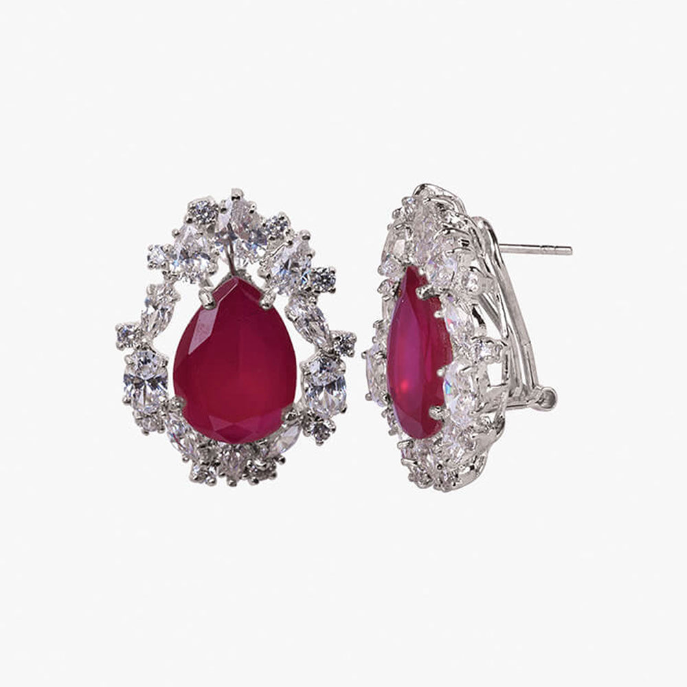 Mon Tresor Pear Shaped Ruby Stud Earrings Different Shaped Diamond Halo - Red