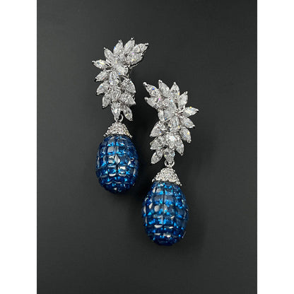 Mon Tresor Crescent Marquis Cluster Top Blue Sapphire Drop Earrings In Invisible Setting