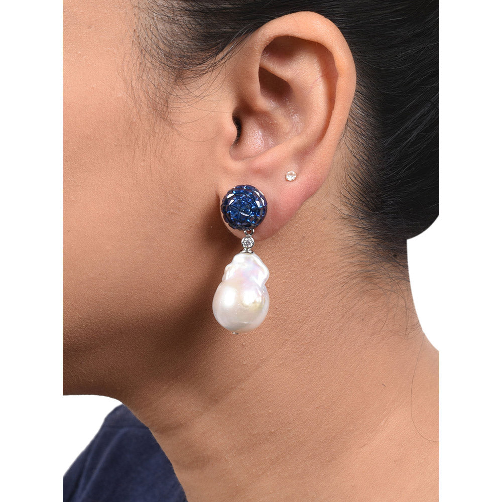 Mon Tresor Blue Sapphire Invisible Setting Top With Baroque Pearl Drop Earrings