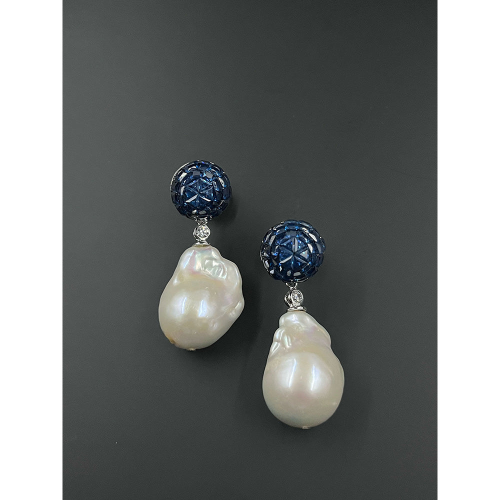 Mon Tresor Blue Sapphire Invisible Setting Top With Baroque Pearl Drop Earrings