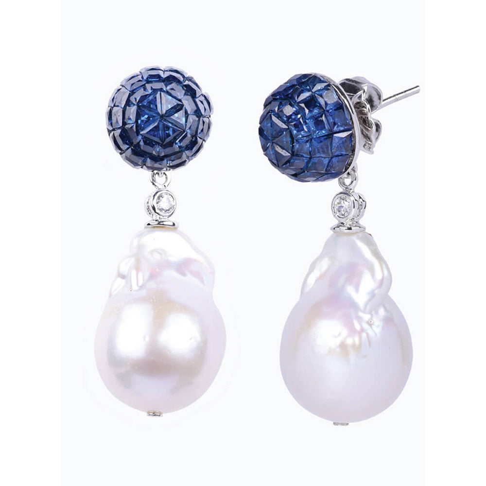 Mon Tresor Blue Sapphire Invisible Setting Top With Baroque Pearl Drop Earrings