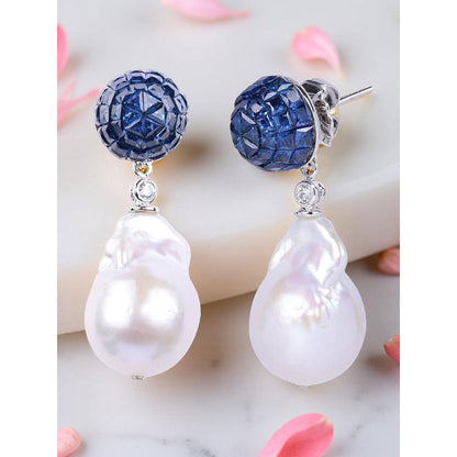 Mon Tresor Blue Sapphire Invisible Setting Top With Baroque Pearl Drop Earrings
