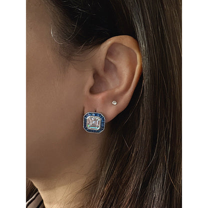 Mon Tresor Asscher Cut Diamond Blue Baguette Halo Stud Earrings