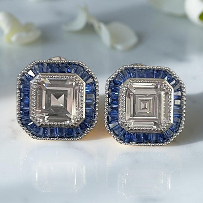 Mon Tresor Asscher Cut Diamond Blue Baguette Halo Stud Earrings