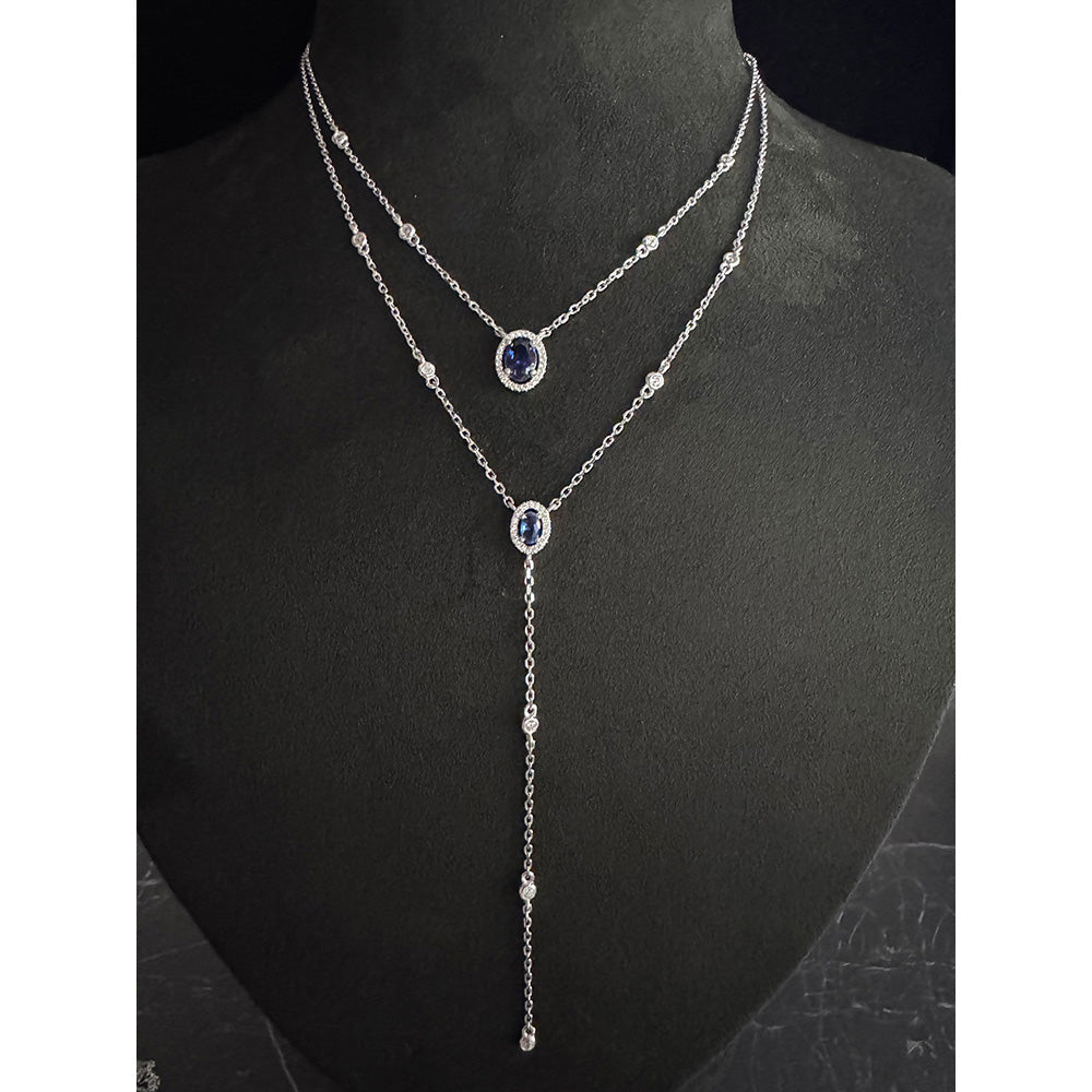 Mon Tresor Double Row Attached Necklace With Blue Oval Gemstones