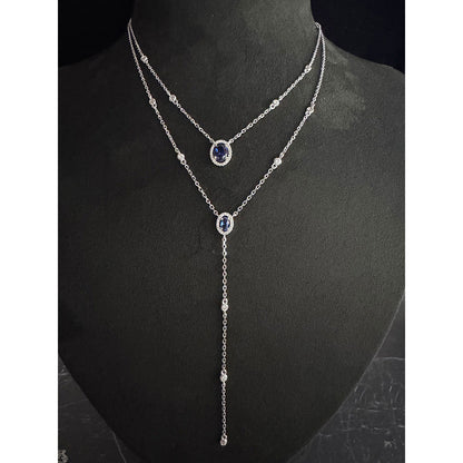 Mon Tresor Double Row Attached Necklace With Blue Oval Gemstones