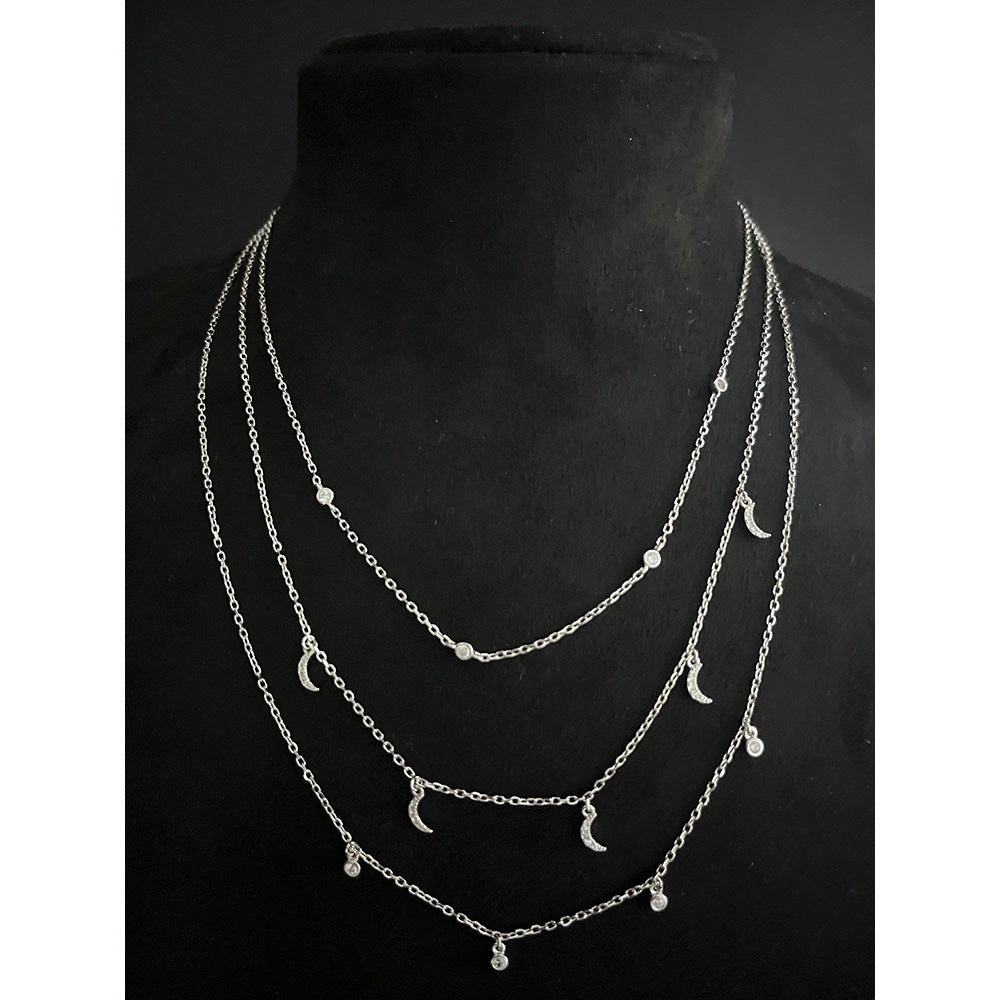 Mon Tresor 3 Row Crescent And Round Diamond Charm Necklace - White