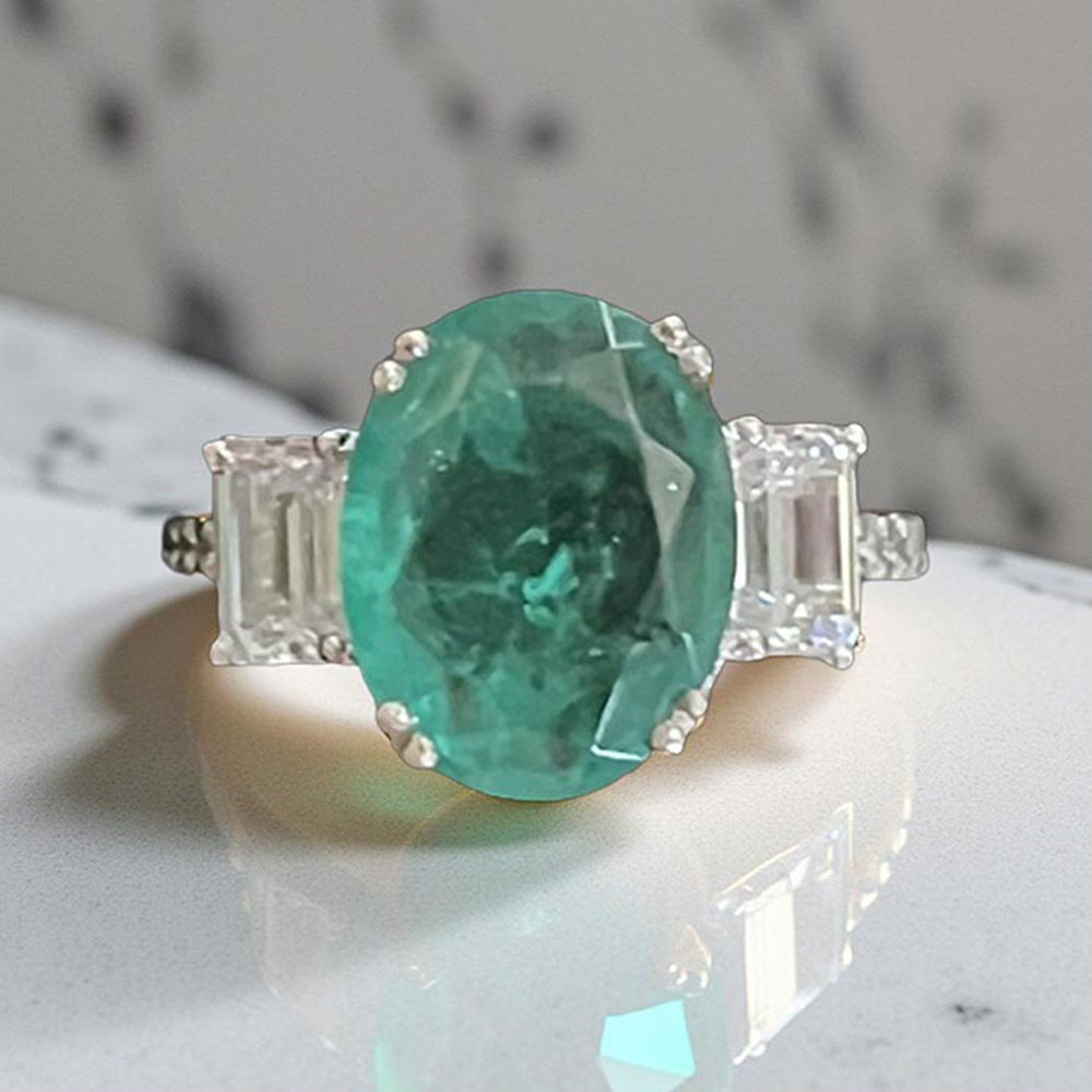 Mon Tresor Oval Green Centre With Baguette Diamonds And Dia Band