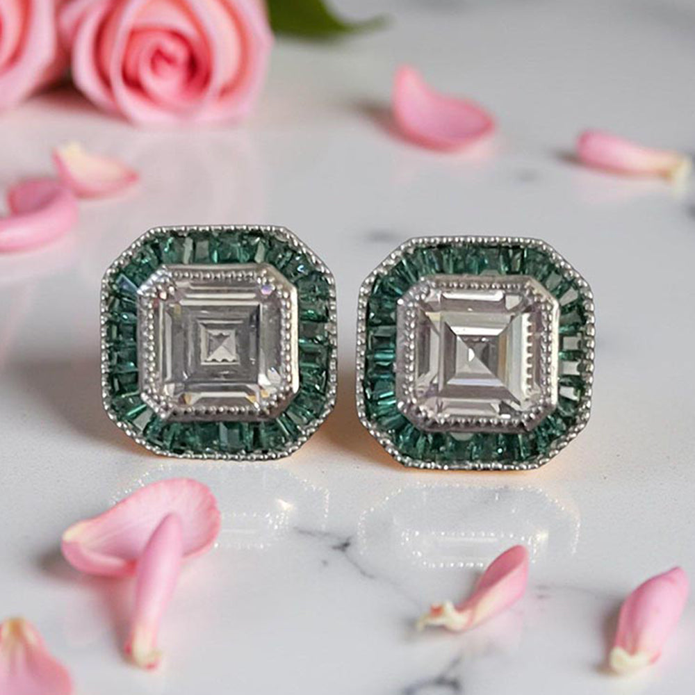 Mon Tresor Asscher Cut Diamond With Green Baguette Halo Stud