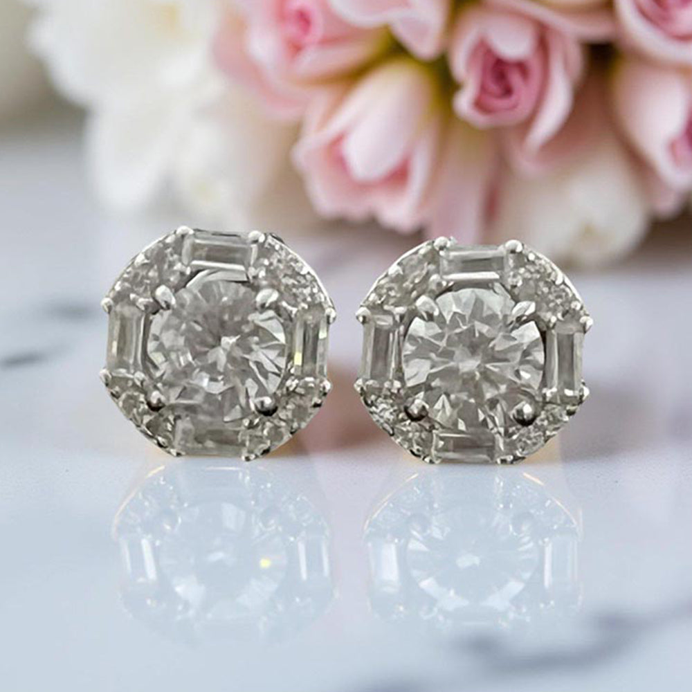 Mon Tresor White 50 Cents Round Solitaire With Baguette Halo Earrings