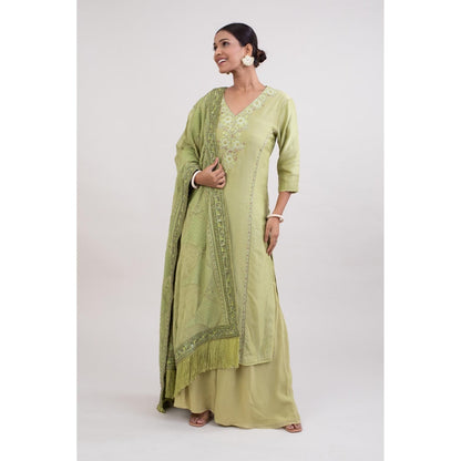 Monika Mathuria Datta Pista Green Embroidered Kurta with Palazzo and Dupatta (Set of 3)