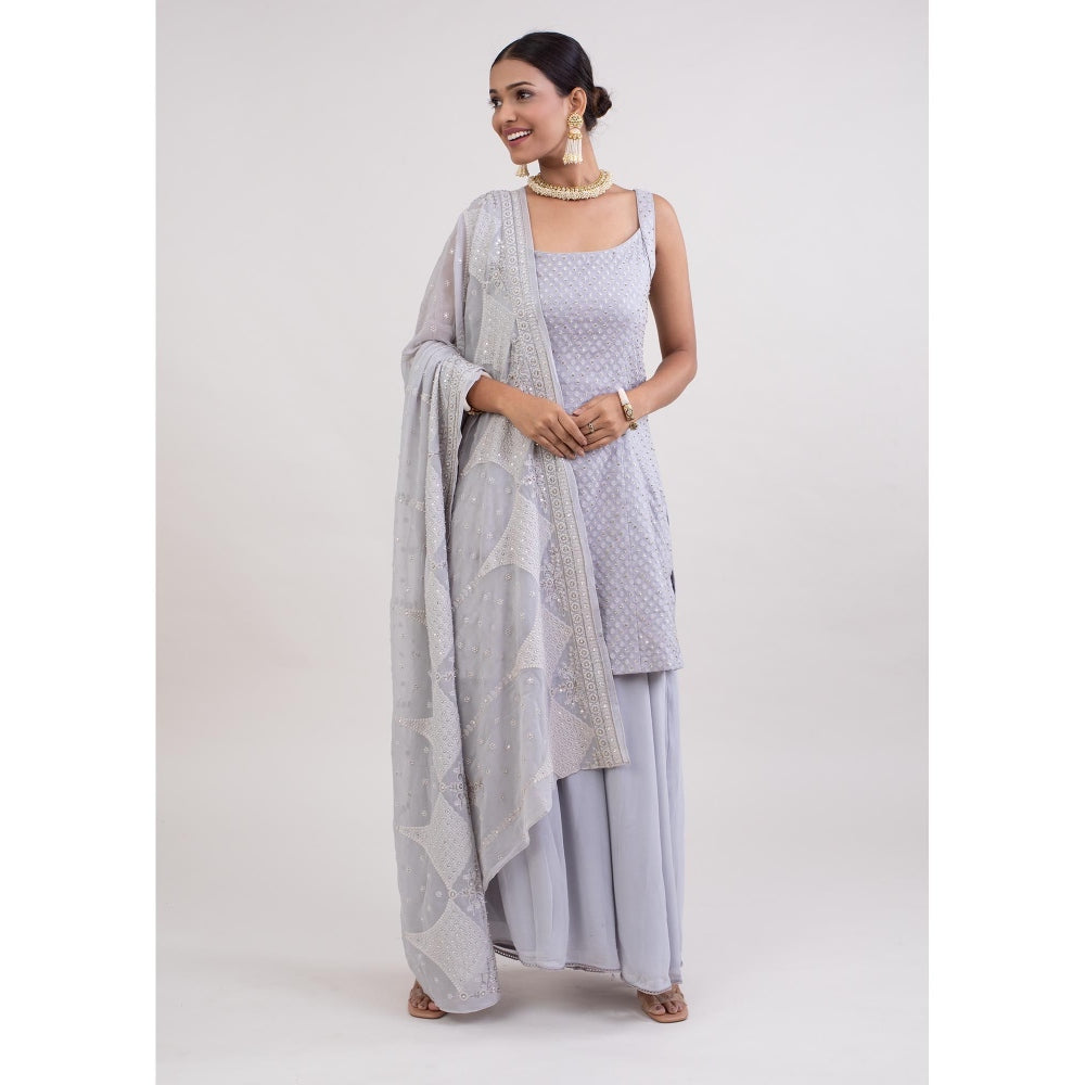 Monika Mathuria Datta Grey Embroidered Kurta with Palazzo and Dupatta (Set of 3)