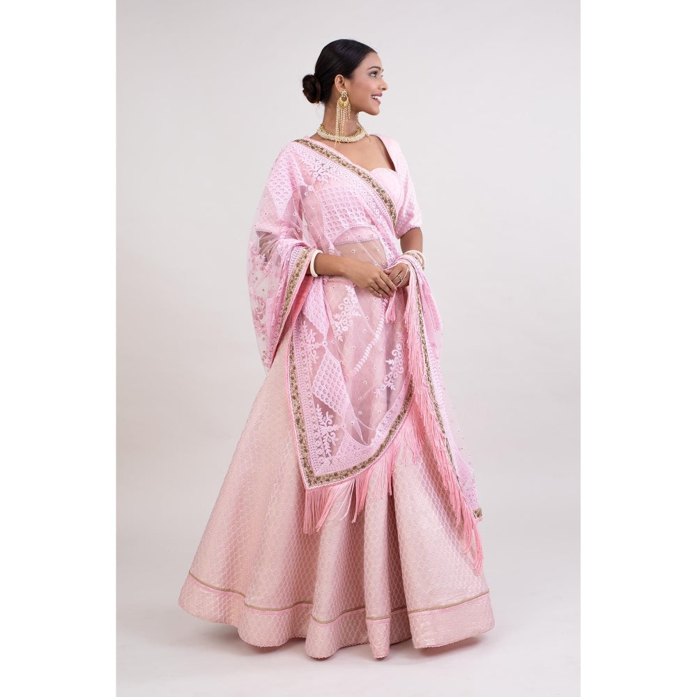 Monika Mathuria Datta Pink Embroidered Stitched Blouse with Lehenga and Dupatta (Set of 3)