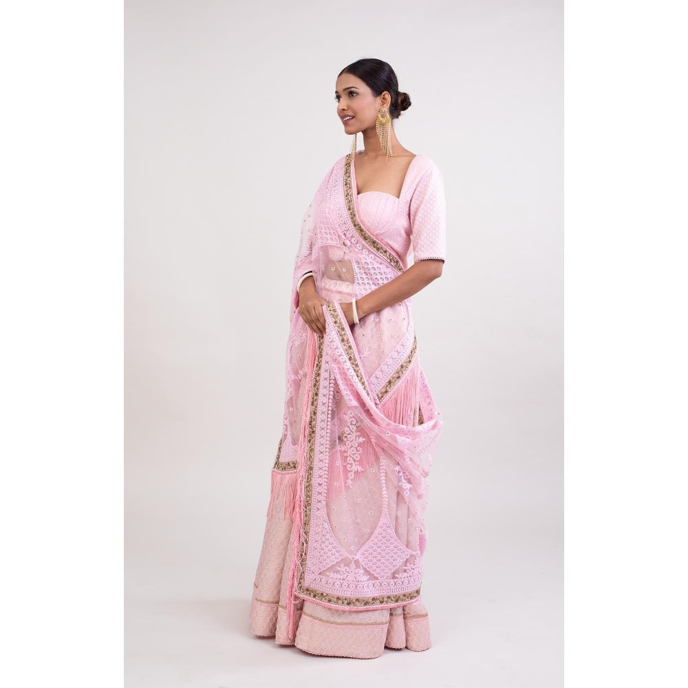 Monika Mathuria Datta Pink Embroidered Stitched Blouse with Lehenga and Dupatta (Set of 3)