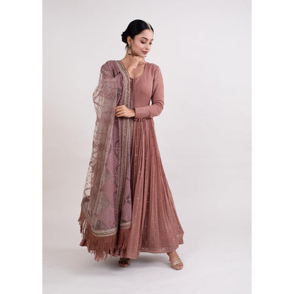 Monika Mathuria Datta Taupe Embroidered Anarkali Kurta with Churidar and Dupatta (Set of 3)