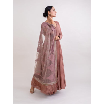 Monika Mathuria Datta Taupe Embroidered Anarkali Kurta with Churidar and Dupatta (Set of 3)