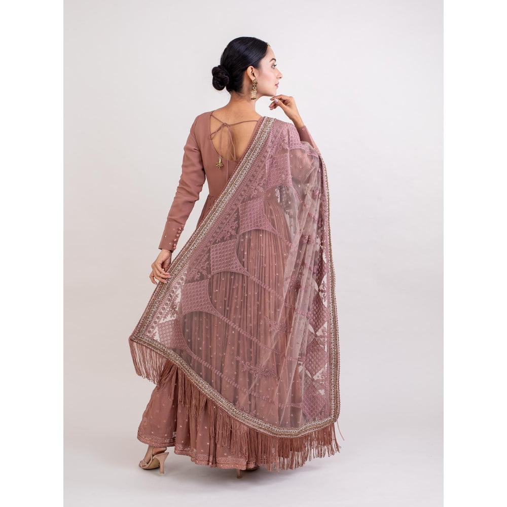 Monika Mathuria Datta Taupe Embroidered Anarkali Kurta with Churidar and Dupatta (Set of 3)