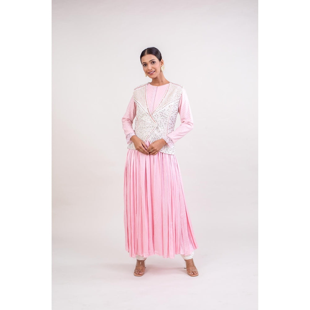 Monika Mathuria Datta Pink Woven Anarkali Kurta with Churidar & Embroidered Dupatta (Set of 3)