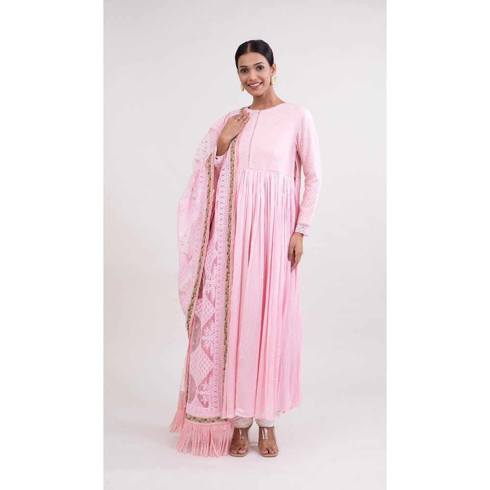 Monika Mathuria Datta Pink Woven Anarkali Kurta with Churidar & Embroidered Dupatta (Set of 3)