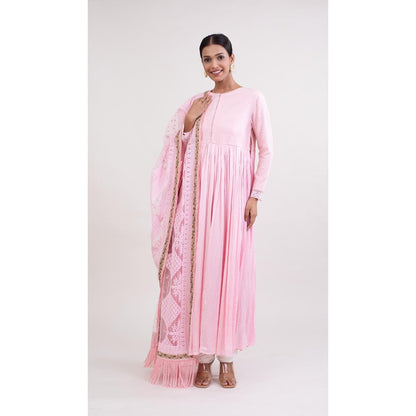 Monika Mathuria Datta Pink Woven Anarkali Kurta with Churidar & Embroidered Dupatta (Set of 3)