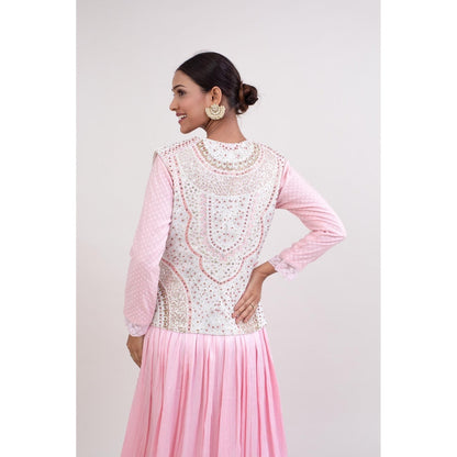 Monika Mathuria Datta Pink Woven Anarkali Kurta with Churidar & Embroidered Dupatta (Set of 3)