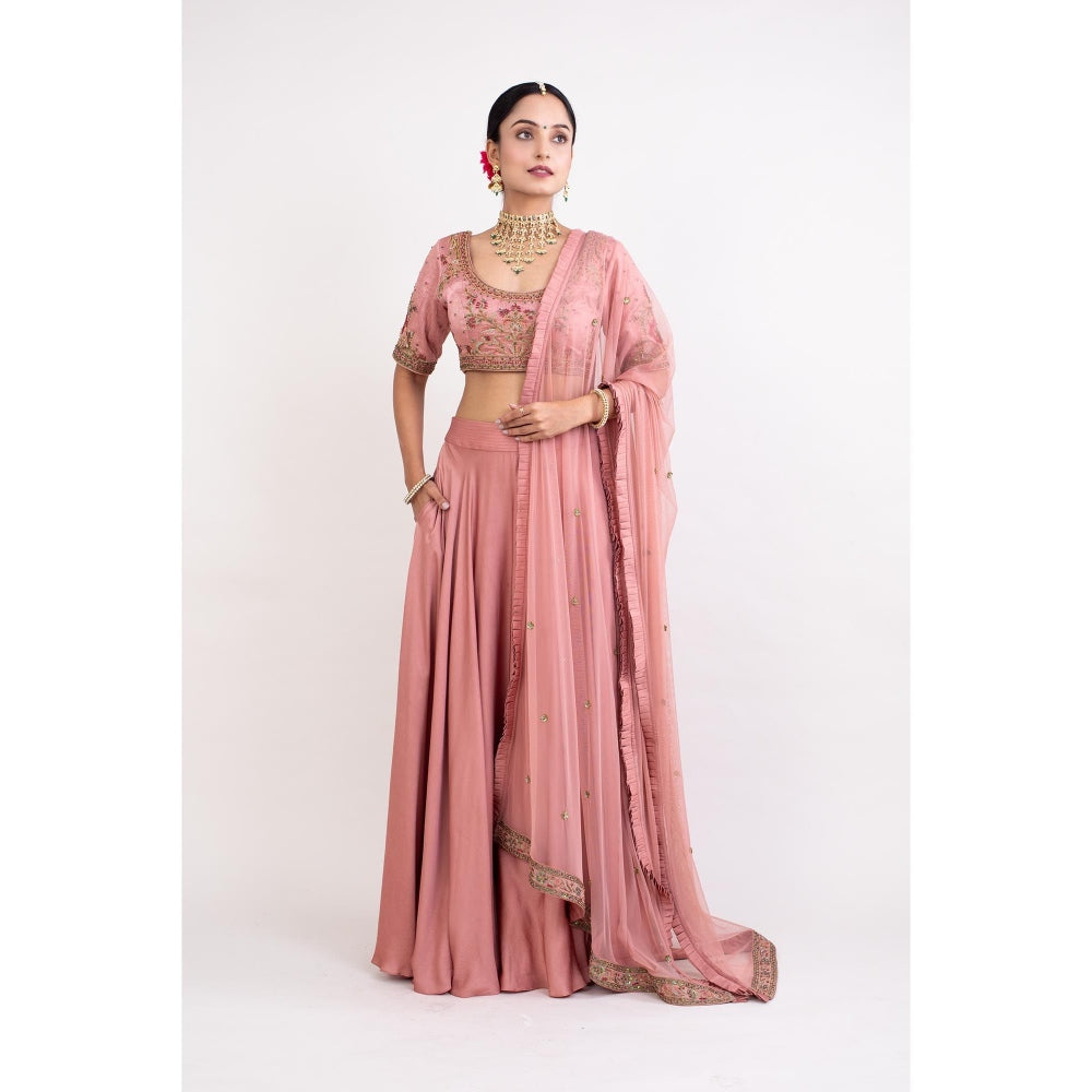 Monika Mathuria Datta Rose Pink Stitched Blouse with Lehenga and Dupatta (Set of 3)