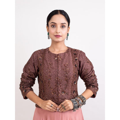 Monika Mathuria Datta Chocolate Brown Embroidered Top and Old Rose Pink Skirt (Set of 2)