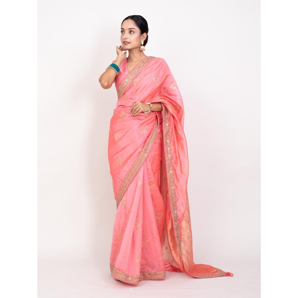 Monika Mathuria Datta Bright Peach Embroidered Saree with Stitched Blouse
