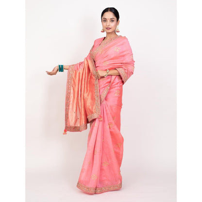 Monika Mathuria Datta Bright Peach Embroidered Saree with Stitched Blouse