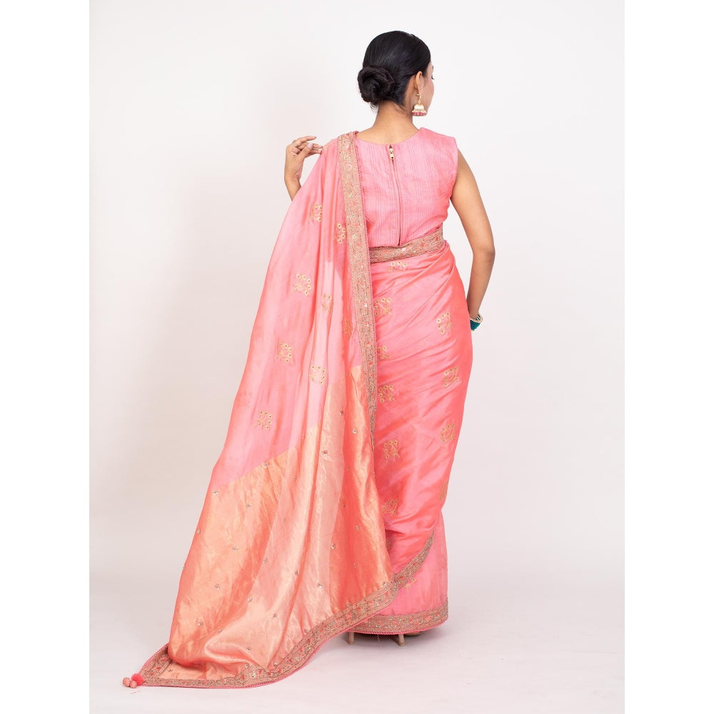 Monika Mathuria Datta Bright Peach Embroidered Saree with Stitched Blouse
