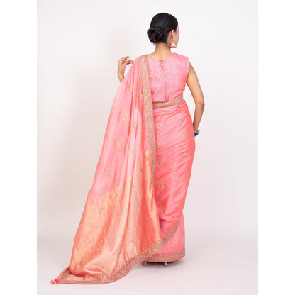 Monika Mathuria Datta Bright Peach Embroidered Saree with Stitched Blouse