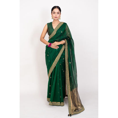 Monika Mathuria Datta Emerald Green Embroidered Saree with Stitched Blouse