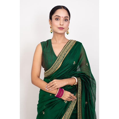 Monika Mathuria Datta Emerald Green Embroidered Saree with Stitched Blouse