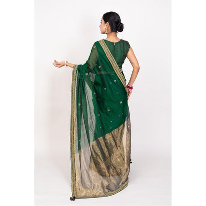 Monika Mathuria Datta Emerald Green Embroidered Saree with Stitched Blouse