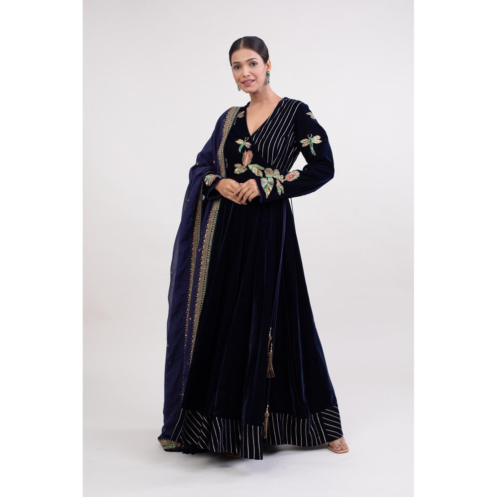 Monika Mathuria Datta Navy Blue Angarakha Kurta with Churidar and Dupatta (Set of 3)