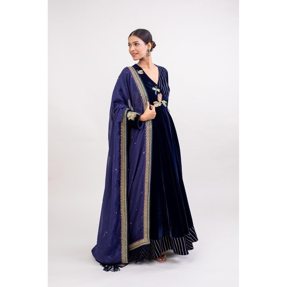 Monika Mathuria Datta Navy Blue Angarakha Kurta with Churidar and Dupatta (Set of 3)