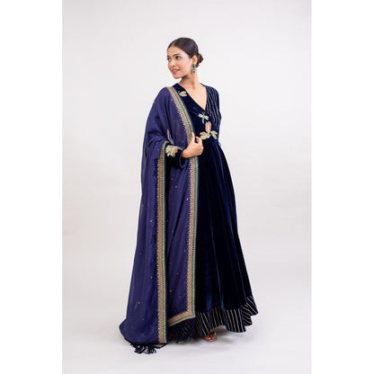 Monika Mathuria Datta Navy Blue Angarakha Kurta with Churidar and Dupatta (Set of 3)
