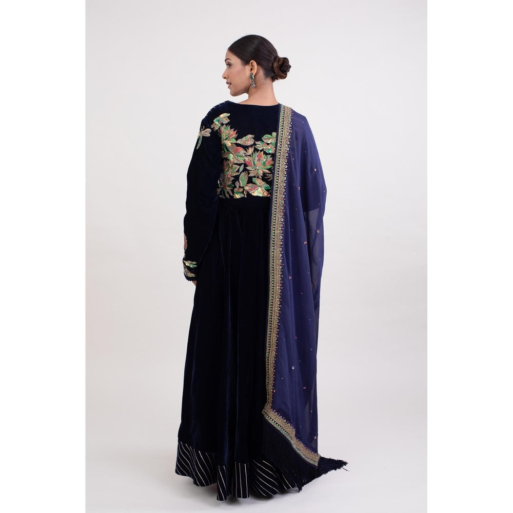 Monika Mathuria Datta Navy Blue Angarakha Kurta with Churidar and Dupatta (Set of 3)