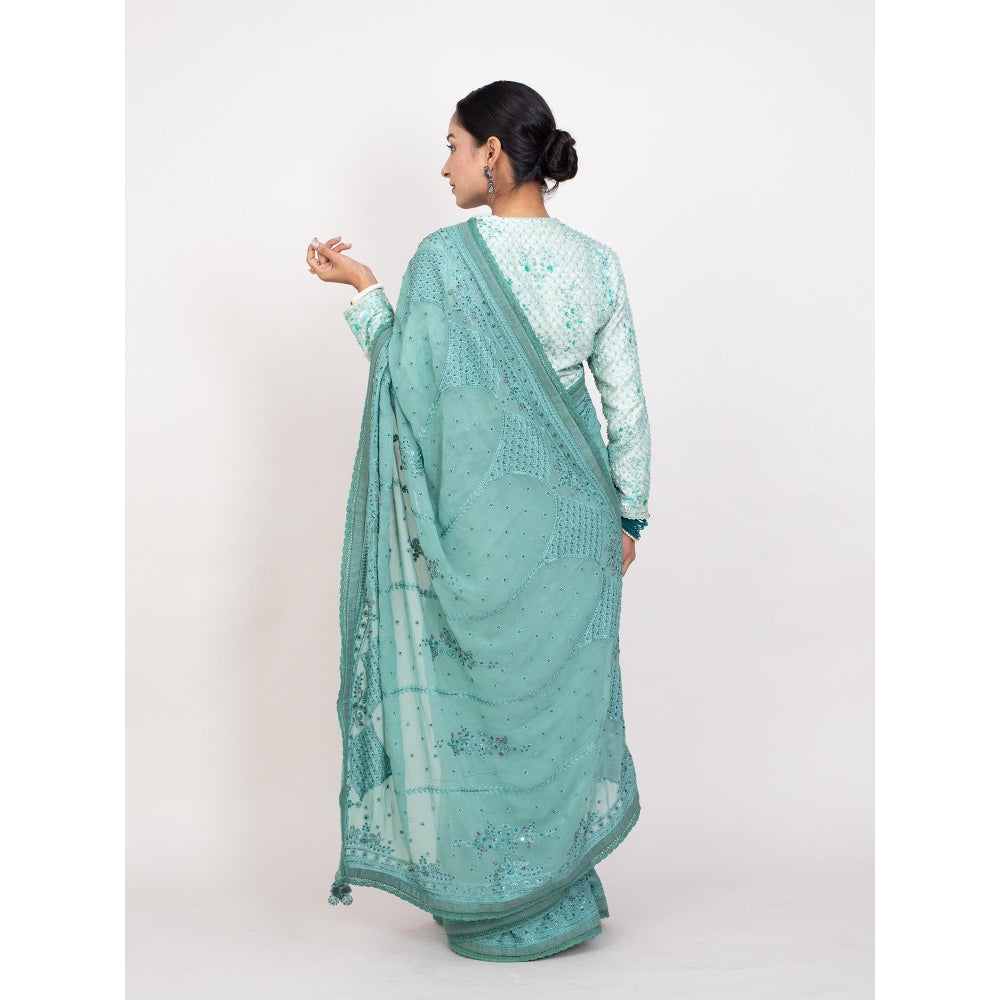 Monika Mathuria Datta Green Hand Embroidered Saree with Stitched Blouse