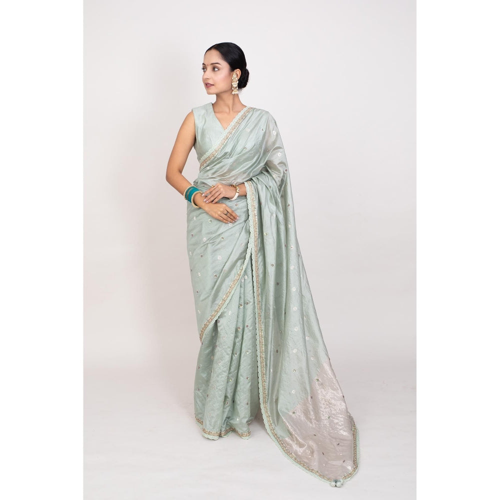 Monika Mathuria Datta Sage Green Sequined Beads Work Saree with Stitched Blouse