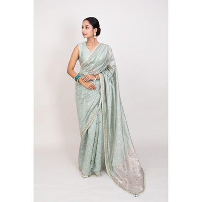 Monika Mathuria Datta Sage Green Sequined Beads Work Saree with Stitched Blouse