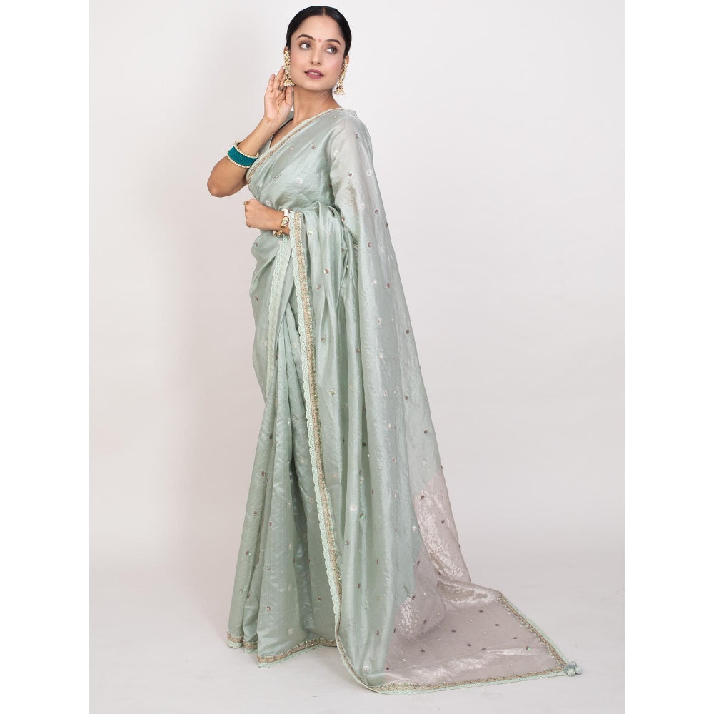 Monika Mathuria Datta Sage Green Sequined Beads Work Saree with Stitched Blouse