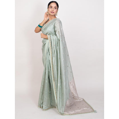Monika Mathuria Datta Sage Green Sequined Beads Work Saree with Stitched Blouse