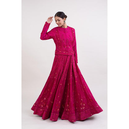 Monika Mathuria Datta Magenta Pink Embroidered Top with Skirt (Set of 2)