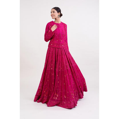Monika Mathuria Datta Magenta Pink Embroidered Top with Skirt (Set of 2)