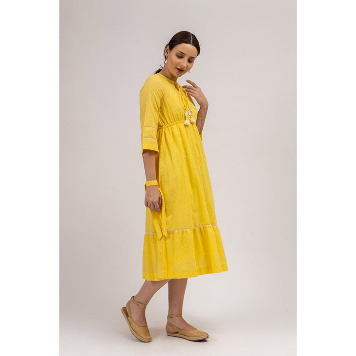 Mushio Women's Sunshine Cotton Self Design Yellow Slip And Midi Dress (Set of 2)