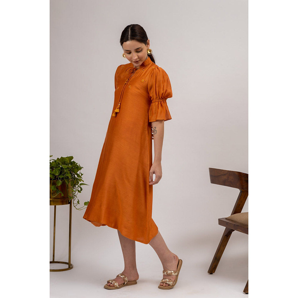 Mushio Women's Amber Silk Embroidered Orange Slip And Midi Dress (Set of 2)